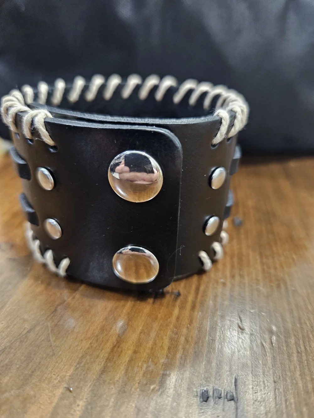 Source Unknown Black Leather Cuff Bracelet with Cream Lacing